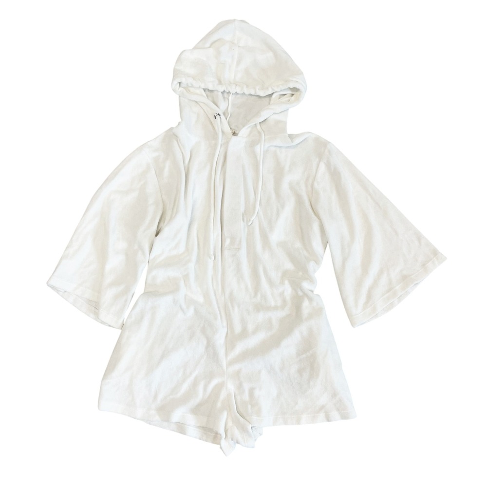 Elan White Terry Cloth Hooded Romper Wide Bell Sleeve Beach Coverup Size Medium